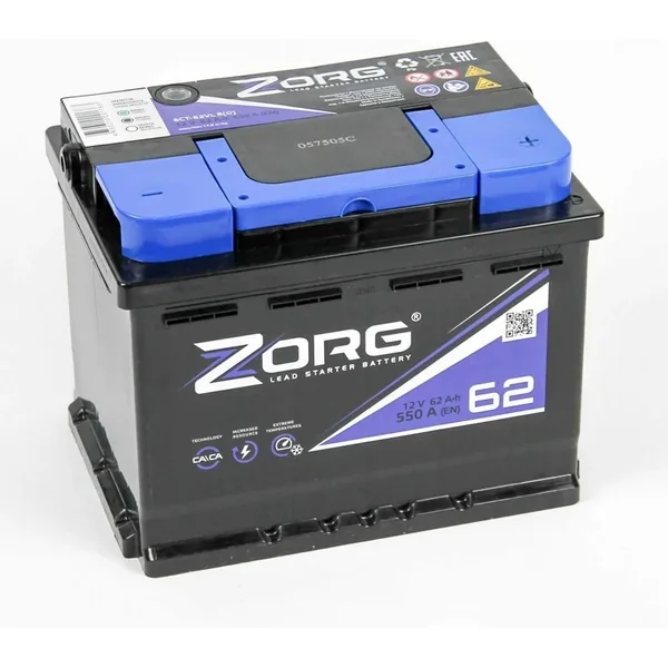 Аккумулятор ZORG EURO 62 Ач 550 А (EN), прямая полярность, LN2